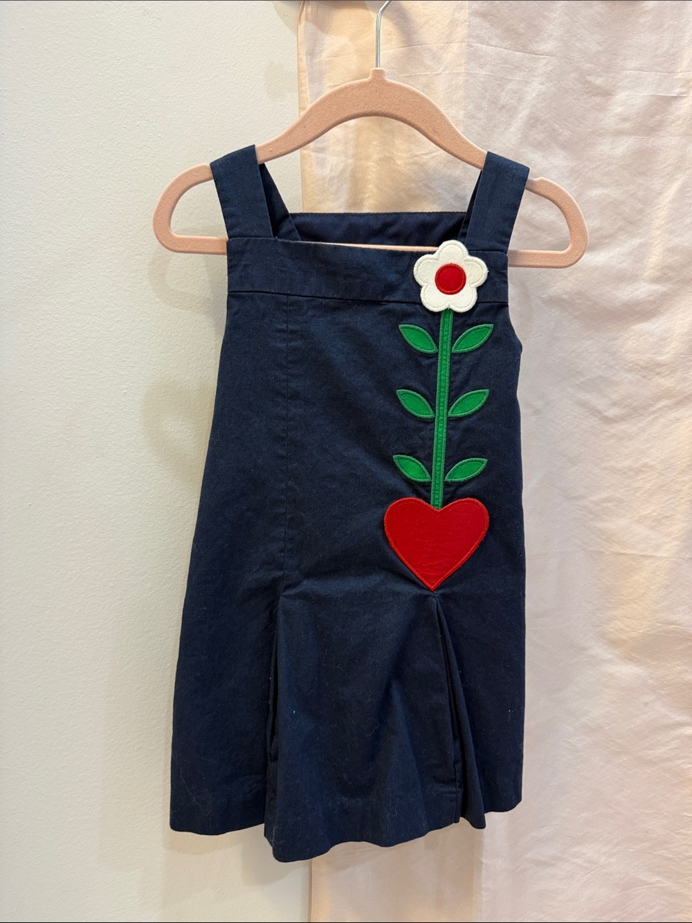 Florence Eiseman Navy Dress with Red Heart and White Flower Appliqué